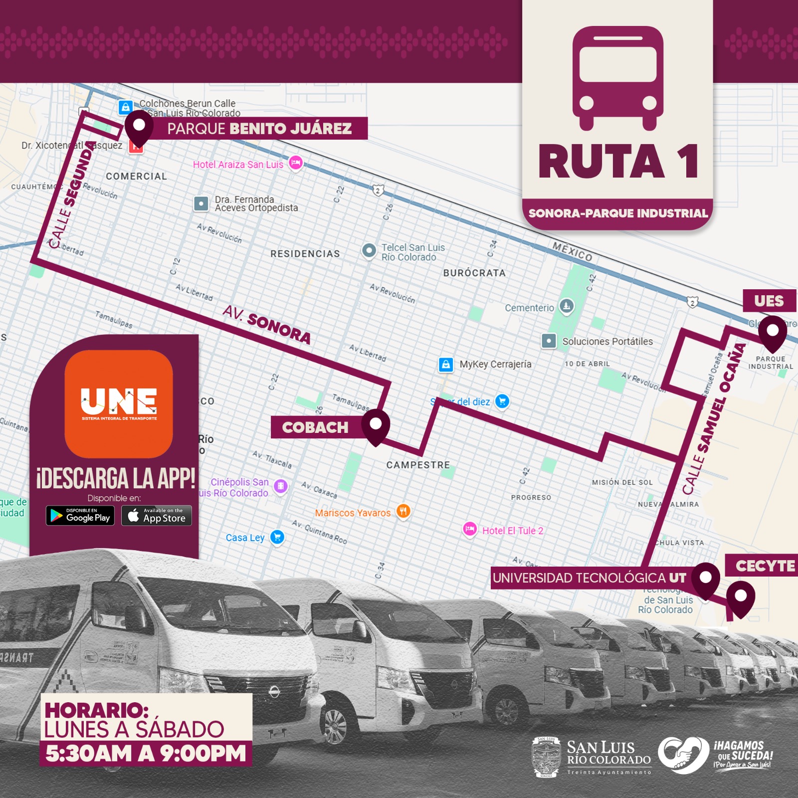 trayecto de las 3 rutas oficiales del Transporte Público