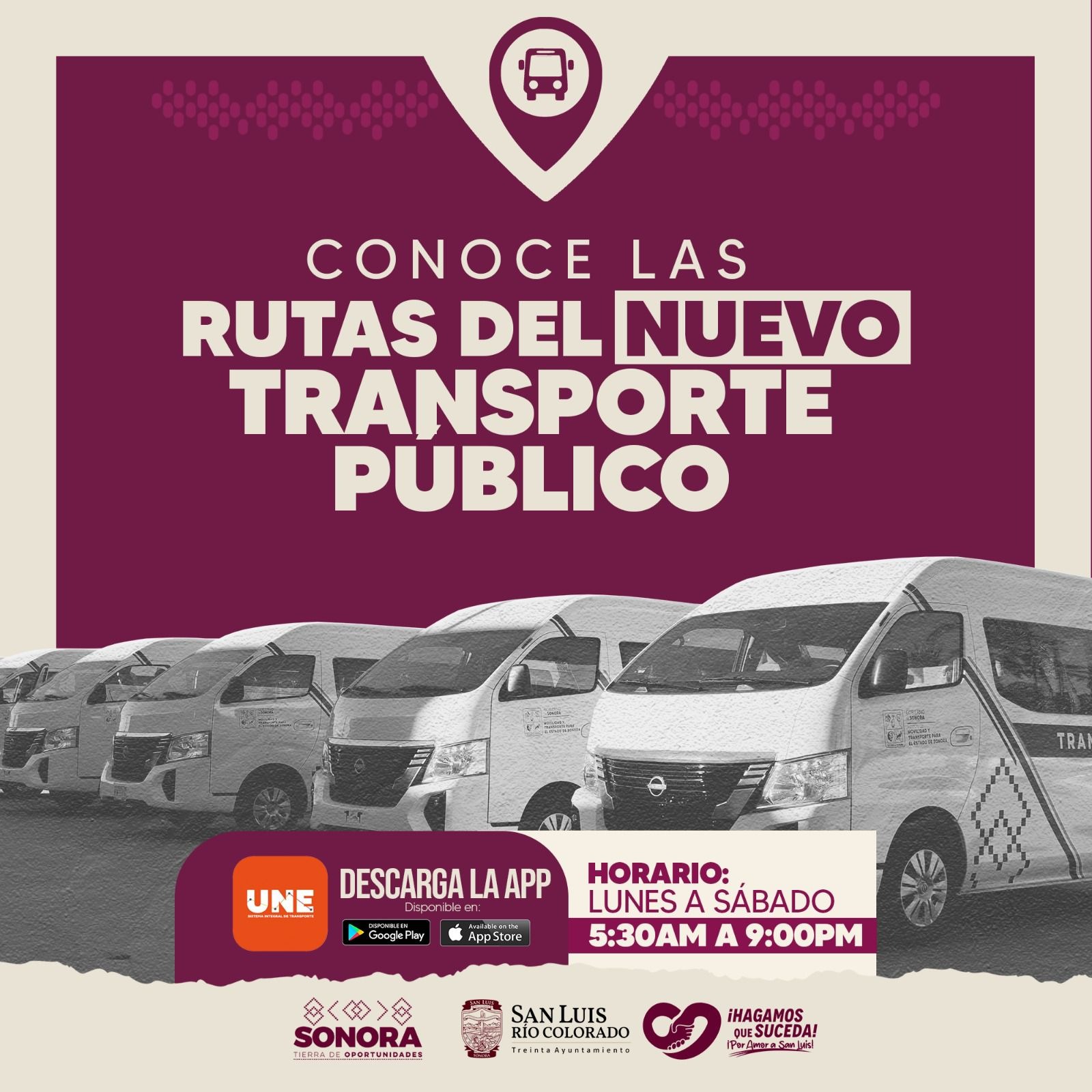 trayecto de las 3 rutas oficiales del Transporte Público